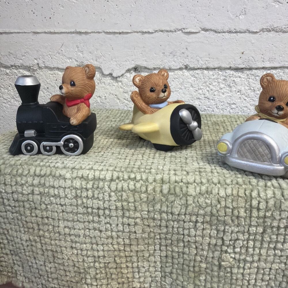 Homco Vtg Bear Figurines Set Car Train Plane Baby Nursery Decor 1463 Set Of 3